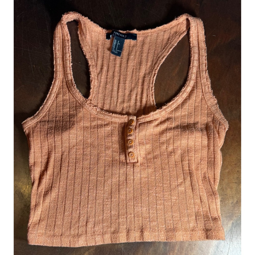 Forever 21 Women's Cropped Tank Top, Ribbed Knit, Racerback, 3 Button Accent